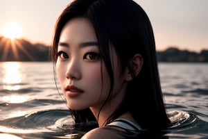 beautiful centered Fine art photo portrait of Arden Cho as a gorgeous woman treading on water, white mist with sunlight rays, photorealistic, white background, highly detailed and intricate, sunset lighting, HDR 8k