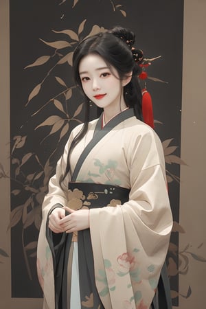 highly detailed,extremely detailed CG unity 8k wallpaper, masterpiece, illustration,  highres, absurdres, , shuimobysim, wuchangshuo, bonian, zhenbanqiao, badashanren, traditional chinese ink painting, modelshoot style, peaceful, (smile), looking at viewer, wearing long hanfu, hanfu, song, willow tree in background, wuchangshuo,
