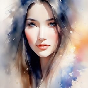 A beautiful oriental woman with long hair, beautiful confident dark eyes, beautiful face, pastel colors, portrait of Willem Haenraets, watercolor, wet on wet and splash technique, concept art, smooth, sharp focus, centered, perfect composition, abstract, super realism,watercolor \(medium\)