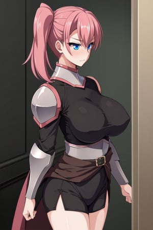  masterpiece, best quality, Ange, 1girl, solo, dark pink hair, single side_ponytail, blue eyes, large breasts, black underclothes, black body_suit, armor, in room, standing, 