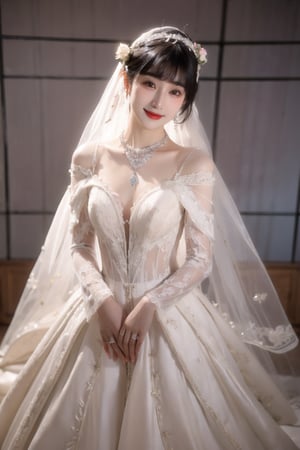 1girl,(low chest),(bare shoulders:1.1),black hair,(long_wedding_veil:1.3),solo,(Luxury wedding dress:1.9),(jewelry:1.9),lace,(looking at iewer:1.3),realistic,bride,(blunt bangs:1.4),(hair bun:1.3),(standing:1.1),,,(white lace detached long sleeves:1.3),,(hair flower garland:1.6),(jewelry necklace:1.8),photo background,collarbone,pink lips,(Half-length photo:1.5),black eyes,(smile:1.3),