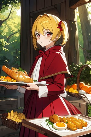(1boy, solo, perfect, cute, masterpiece)(twintails, blush, long_sleeves, blonde_hair, little red riding hood, pleated_skirt, red_eyes, closed_mouth )(Thanksgiving turkey, carrot, food, orange_flower, grapes, bread, shrimp, leaf, plate, fried_egg, fish, bird, acorn, lemon, onion, holding_tray, baguette, tempura, syrup, basket, tray, vegetable, chicken, corn), forest, bush, best quality, kurapika