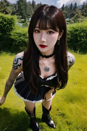 (masterpiece, best quality, high quality, perfect light, bright light)(1boy, solo, male focus, full_body, looking at viewer, close-up, straight hair, long hair, blonde hair, blunt bangs, smokey eyes, dark lipstick, eyeliner, choker, pendant earring, tattooed dragon, white knee-length skirt, ruffled petticoat, white Heeled Boots,sexy  pose)(forest, bush, grassland, lake),depth of field, better_hands