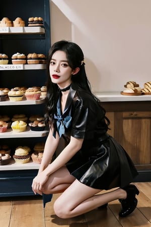 masterpiece,  best quality,  high quality,  1boy,  solo,  male focus,  looking at viewer,  close-up, sinister style, straight hair, long hair, black hair, smokey eyes, dark lipstick, eyeliner, black choker, blue sailor_shirt with bow tie and delicate gold filigree, short_sleeves, intricate filigree, pleated_skirt, slender thigh, bare_legs, slender legs, black leather shoes, pies, fresh baked bread, macarons, wooden shelves with cupcakes, bakery, kneeling, Detailedface