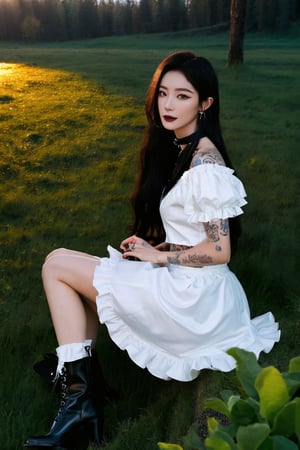 (masterpiece, best quality, high quality, perfect light, bright light)(1boy, solo, male focus, full_body, looking at viewer, close-up, straight hair, long hair, black hair, smokey eyes, dark lipstick, eyeliner, choker, pendant earring, tattooed dragon, white knee-length skirt, ruffled petticoat, white Heeled Boots, sitting)(forest, bush, grassland, lake)