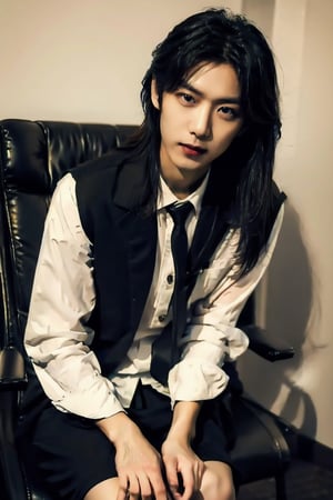 masterpiece, best quality, high quality, 1boy, solo, male focus, High detailed, sexy pose, office, smokey eyes, dark lipstick, eyeliner , shirt, tie, black short skirt, Full HD, good detail, sinister style, straight hair, long hair, black hair, horror, 1boy, bare_legs, slender legs, black leather shoes