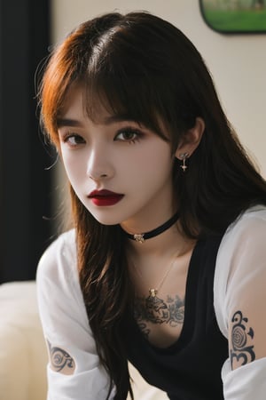 (masterpiece, best quality, high quality, perfect light, bright light)(1boy, solo, male focus, full_body, looking at viewer, close-up, straight hair, long hair, blonde hair, blunt bangs, smokey eyes, dark lipstick, eyeliner, choker, pendant earring, tattooed dragon, white knee-length skirt, ruffled petticoat, white Heeled Boots, kiss on someone)(forest, bush, grassland, lake),depth of field, better_hands,korean,handsome italian boy