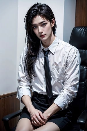 masterpiece, best quality, high quality, 1boy, solo, male focus, High detailed, sexy pose, office, smokey eyes, dark lipstick, eyeliner , shirt, tie, black short skirt, Full HD, good detail, sinister style, straight hair, long hair, black hair, horror, 1boy