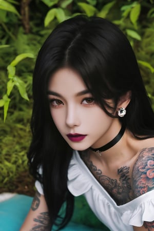 (masterpiece, best quality, high quality, perfect light, bright light)(1boy, solo, male focus, full_body, looking at viewer, close-up, straight hair, long hair, black hair, smokey eyes, dark lipstick, eyeliner, choker, pendant earring, tattooed dragon, white knee-length skirt, ruffled petticoat, white Heeled Boots, sitting)(forest, bush, grassland, lake),depth of field,handsome italian boy