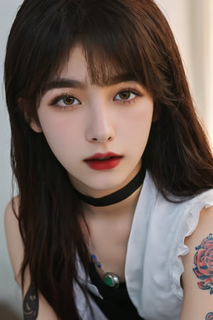 (masterpiece, best quality, high quality, perfect light, bright light)(1boy, solo, male focus, full_body, looking at viewer, close-up, straight hair, long hair, red hair, blunt bangs, smokey eyes, dark lipstick, eyeliner, choker, pendant earring, tattooed dragon, white knee-length skirt, ruffled petticoat, white Heeled Boots, kiss on someone)(forest, bush, grassland, lake),depth of field, better_hands,korean,handsome italian boy