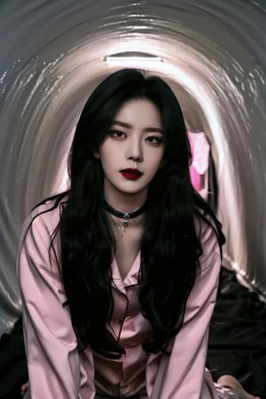 masterpiece,  best quality,  high quality,  1boy,  solo,  male focus,  looking at viewer,  close-up, sinister style, straight hair, long hair, black hair, pink lipstick, eyeliner, black choker, sexy pajamas, tunnel, cum_leaking, kneeling, Detailedface