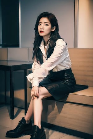 masterpiece, best quality, high quality, 1boy, solo, male focus, High detailed, sexy pose, office, smokey eyes, dark lipstick, eyeliner , shirt, tie, black short skirt, Full HD, good detail, sinister style, straight hair, long hair, black hair, horror, 1boy, bare_legs, slender legs, black leather shoes