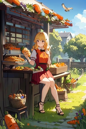 (1boy, solo, perfect, cute, masterpiece)(blush, short_sleeves, blonde_hair, long_hair, wavy_hair, red dress, pleated_skirt, mini_skirt, red_eyes, closed_mouth, bare_legs, high_heel_sandals )(Thanksgiving turkey, carrot, food, orange_flower, grapes, bread, shrimp, leaf, plate, fried_egg, fish, bird, acorn, lemon, onion, holding_tray, baguette, tempura, syrup, basket, tray, vegetable, chicken, corn), forest, bush, best quality, sit on the grassland