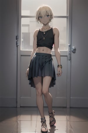 masterpiece,  best quality,  high quality,  1boy,  solo,  male focus,  looking at viewer,  full body, Amuro Toru, blond_hair,  collarbone, crop_top, pleated_skirt, skirt flip, High-heeled sandals,  feminine makeup,  delicate pendant necklace,  pendant earring,  bangle bracelet,  polished nail,  naked legs,  sapphire eyes,