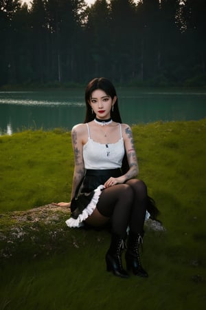 (masterpiece, best quality, high quality, perfect light, bright light)(1boy, solo, male focus, full_body, looking at viewer, close-up, straight hair, long hair, black hair, smokey eyes, dark lipstick, eyeliner, choker, pendant earring, tattooed dragon, white knee-length skirt, ruffled petticoat, white Heeled Boots, sitting)(forest, bush, grassland, lake),depth of field