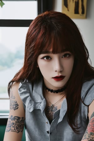 (masterpiece, best quality, high quality, perfect light, bright light)(1boy, solo, male focus, full_body, looking at viewer, close-up, straight hair, long hair, red hair, blunt bangs, smokey eyes, dark lipstick, eyeliner, choker, pendant earring, tattooed dragon, white knee-length skirt, ruffled petticoat, white Heeled Boots, kiss on someone)(forest, bush, grassland, lake),depth of field, better_hands,korean,handsome italian boy