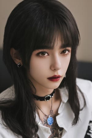 (masterpiece, best quality, high quality, perfect light, bright light)(1boy, solo, male focus, full_body, looking at viewer, close-up, straight hair, long hair, black hair, blunt bangs, smokey eyes, dark lipstick, eyeliner, choker, pendant earring, tattooed dragon, white knee-length skirt, ruffled petticoat, white Heeled Boots, sitting)(forest, bush, grassland, lake),depth of field,handsome italian boy