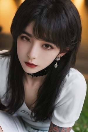 (masterpiece, best quality, high quality, perfect light, bright light)(1boy, solo, male focus, full_body, looking at viewer, close-up, straight hair, long hair, black hair, smokey eyes, dark lipstick, eyeliner, choker, pendant earring, tattooed dragon, white knee-length skirt, ruffled petticoat, white Heeled Boots, sitting)(forest, bush, grassland, lake),depth of field,handsome italian boy