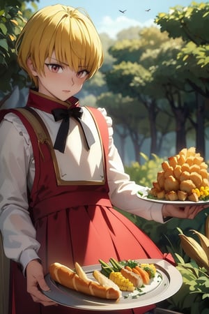 (1boy, solo, perfect, cute, masterpiece)(blush, long_sleeves, blonde_hair, little red riding hood, pleated_skirt, red_eyes, closed_mouth )(Thanksgiving turkey, carrot, food, orange_flower, grapes, bread, shrimp, leaf, plate, fried_egg, fish, bird, acorn, lemon, onion, holding_tray, baguette, tempura, syrup, basket, tray, vegetable, chicken, corn), forest, bush, best quality, kurapika