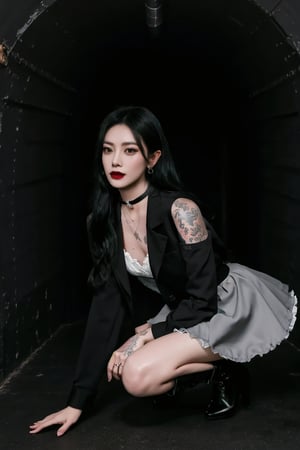 masterpiece,  best quality,  high quality,  1boy,  solo,  male focus,  looking at viewer,  close-up, sinister style, straight hair, long hair, black hair,  smokey eyes, dark lipstick, eyeliner, black choker, pendant earring, tattooed dragon, charcoal gray knee-length skirt, ruffled petticoat, white Heeled Boots, tunnel, metal pipe, kneeling