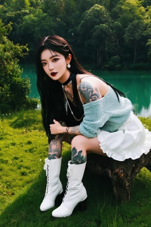 (masterpiece, best quality, high quality, perfect light, bright light)(1boy, solo, male focus, full_body, looking at viewer, close-up, straight hair, long hair, black hair, smokey eyes, dark lipstick, eyeliner, choker, pendant earring, tattooed dragon, white knee-length skirt, ruffled petticoat, white Heeled Boots, sitting)(forest, bush, grassland, lake),depth of field