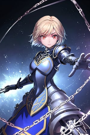 front_view, masterpiece, best quality, photorealistic, 1girl, e-cup, looking at viewer, mechanical white armor, intricate armor, feminine armor, delicate blue filigree, intricate filigree, red metalic parts, detailed part, dynamic pose, detailed background, dynamic lighting, chain in background, mechanism gloves

