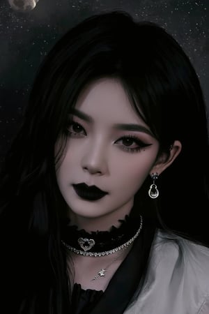 (masterpiece, best quality, high quality)(1boy, solo, male focus, looking at viewer, close-up, sinister style, straight hair, long hair, black hair, blunt bangs, smokey eyes, dark lipstick, eyeliner, black choker, pendant earring, tattooed dragon, charcoal gray knee-length skirt, ruffled petticoat, white Heeled Boots, kneeling)(forest, bush, moon)