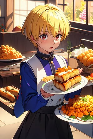 Thanksgiving turkey, carrot, food, 1boy, orange_flower, solo, grapes, bread, shrimp, leaf, plate, fried_egg, blush, fish, bird, long_sleeves, acorn,blonde hair, lemon, onion, holding_tray, baguette, tempura, syrup, basket, tray, dress, closed_mouth, skirt, red_eyes, vegetable, chicken, bakery, black_skirt, corn,perfect,cute,masterpiece,kurapika, chain background