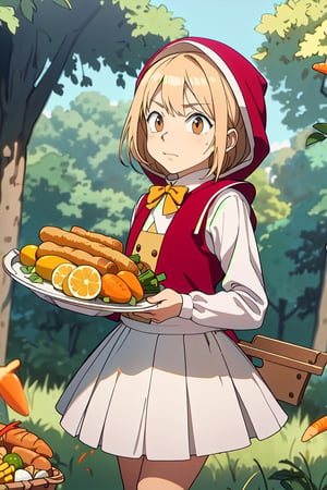 (1boy, solo, perfect, cute, masterpiece)(blush, long_sleeves, blonde_hair, little red riding hood, pleated_skirt, red_eyes, closed_mouth )(Thanksgiving turkey, carrot, food, orange_flower, grapes, bread, shrimp, leaf, plate, fried_egg, fish, bird, acorn, lemon, onion, holding_tray, baguette, tempura, syrup, basket, tray, vegetable, chicken, corn), forest, bush, seesaw, swing