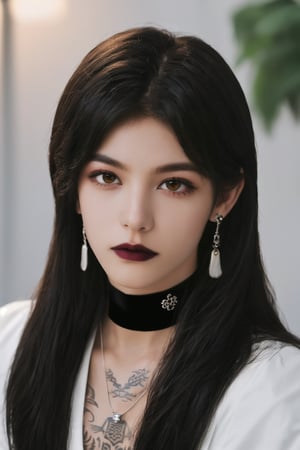 (masterpiece, best quality, high quality, perfect light, bright light)(1boy, solo, male focus, full_body, looking at viewer, close-up, straight hair, long hair, black hair, smokey eyes, dark lipstick, eyeliner, choker, pendant earring, tattooed dragon, white knee-length skirt, ruffled petticoat, white Heeled Boots, sitting)(forest, bush, grassland, lake),depth of field,handsome italian boy