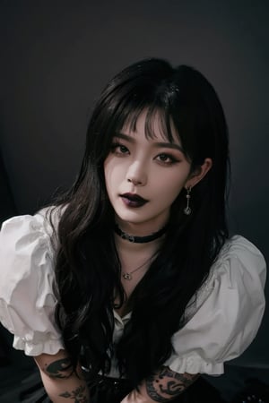 (masterpiece, best quality, high quality)(1boy, solo, male focus, looking at viewer, close-up, sinister style, straight hair, long hair, black hair, blunt bangs, smokey eyes, dark lipstick, eyeliner, black choker, pendant earring, tattooed dragon, charcoal gray knee-length skirt, ruffled petticoat, white Heeled Boots, kneeling)(forest, bush, moon)