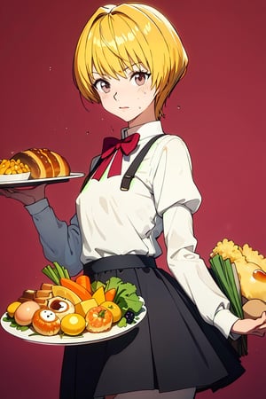 Thanksgiving turkey, carrot, food, 1boy, orange_flower, solo, grapes, bread, shrimp, leaf, plate, fried_egg, blush, fish, bird, long_sleeves, acorn, blonde_hair, lemon, onion, holding_tray, baguette, tempura, syrup, basket, tray, dress, closed_mouth, skirt, red_eyes, vegetable, chicken, pink_background, black_skirt, corn,perfect,cute,masterpiece,kurapika