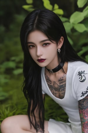 (masterpiece, best quality, high quality, perfect light, bright light)(1boy, solo, male focus, full_body, looking at viewer, close-up, straight hair, long hair, black hair, smokey eyes, dark lipstick, eyeliner, choker, pendant earring, tattooed dragon, white knee-length skirt, ruffled petticoat, white Heeled Boots, sitting)(forest, bush, grassland, lake),depth of field,handsome italian boy