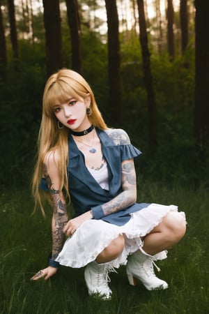 (masterpiece, best quality, high quality, perfect light, bright light)(1boy, solo, male focus, full_body, looking at viewer, close-up, straight hair, long hair, blonde hair, blunt bangs, smokey eyes, dark lipstick, eyeliner, choker, pendant earring, tattooed dragon, white knee-length skirt, ruffled petticoat, white Heeled Boots, sitting)(forest, bush, grassland, lake),depth of field,kurapika,hug