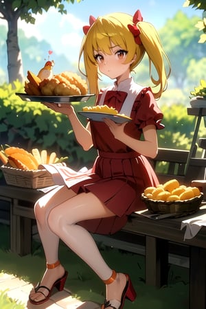 (1boy, solo, perfect, cute, masterpiece)(blush, short_sleeves, blonde_hair, long_hair, twin_tails, red dress, pleated_skirt, mini_skirt, red_eyes, closed_mouth, bare_legs, high_heel_sandals )(Thanksgiving turkey, carrot, food, orange_flower, grapes, bread, shrimp, leaf, plate, fried_egg, fish, bird, acorn, lemon, onion, holding_tray, baguette, tempura, syrup, basket, tray, vegetable, chicken, corn), forest, bush, best quality, sit on the grassland