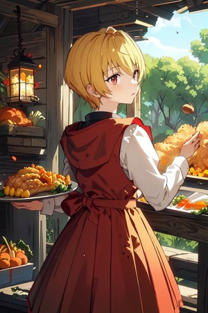 (1boy, solo, perfect, cute, masterpiece)(blush, long_sleeves, blonde_hair, little red riding hood, pleated_skirt, red_eyes, closed_mouth )(Thanksgiving turkey, carrot, food, orange_flower, grapes, bread, shrimp, leaf, plate, fried_egg, fish, bird, acorn, lemon, onion, holding_tray, baguette, tempura, syrup, basket, tray, vegetable, chicken, corn), forest, bush, best quality, kurapika