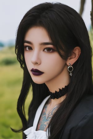 (masterpiece, best quality, high quality, perfect light, bright light)(1boy, solo, male focus, full_body, looking at viewer, close-up, straight hair, long hair, black hair, smokey eyes, dark lipstick, eyeliner, choker, pendant earring, tattooed dragon, white knee-length skirt, ruffled petticoat, white Heeled Boots, sitting)(forest, bush, grassland, lake),depth of field,handsome italian boy