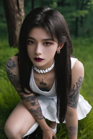 (masterpiece, best quality, high quality, perfect light, bright light)(1boy, solo, male focus, full_body, looking at viewer, close-up, straight hair, long hair, black hair, smokey eyes, dark lipstick, eyeliner, choker, pendant earring, tattooed dragon, white knee-length skirt, ruffled petticoat, white Heeled Boots, sitting)(forest, bush, grassland, lake),depth of field,handsome italian boy