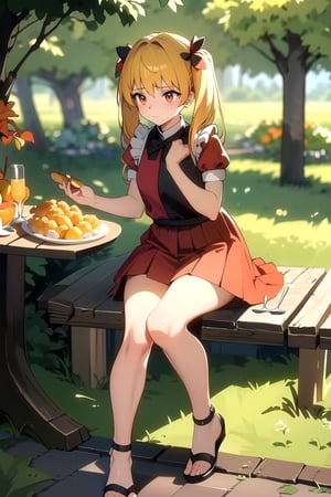 (1boy, solo, perfect, cute, masterpiece)(blush, short_sleeves, blonde_hair, long_hair, twin_tails, red dress, pleated_skirt, mini_skirt, red_eyes, closed_mouth, bare_legs, high_heel_sandals )(Thanksgiving turkey, carrot, food, orange_flower, grapes, bread, shrimp, leaf, plate, fried_egg, fish, bird, acorn, lemon, onion, holding_tray, baguette, tempura, syrup, basket, tray, vegetable, chicken, corn), forest, bush, best quality, sit on the grassland