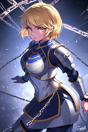 front_view, masterpiece, best quality, photorealistic, 1girl, e-cup, looking at viewer, mechanical white armor, intricate armor, feminine armor, delicate blue filigree, intricate filigree, red metalic parts, detailed part, dynamic pose, detailed background, dynamic lighting, chain in background
