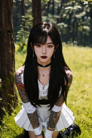 (masterpiece, best quality, high quality, perfect light, bright light)(1boy, solo, male focus, full_body, looking at viewer, close-up, straight hair, long hair, black hair, blunt bangs, smokey eyes, dark lipstick, eyeliner, choker, pendant earring, tattooed dragon, white knee-length skirt, ruffled petticoat, white Heeled Boots, sitting)(forest, bush, grassland, lake),depth of field,handsome italian boy,kpop,boy,Handsome Thai Men