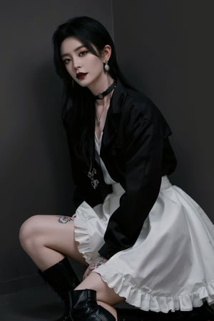 (masterpiece, best quality, high quality)(1boy, solo, male focus, looking at viewer, close-up, sinister style, straight hair, long hair, black hair, smokey eyes, dark lipstick, eyeliner, black choker, pendant earring, tattooed dragon, charcoal gray knee-length skirt, ruffled petticoat, white Heeled Boots, kneeling)(forest, bush, moon)