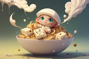 Imagine a chibi tofu cube block (shimmering cream tofu white coloration:1.4), its smooth surface marred by intricate worm holes, its human ears perked up in curiosity as it swims through a bowl of steaming hot ramen. Its big, expressive eyes take in the sights and smells of the delicious broth, while a twig with a vibrant green tea leaf rests atop its head,  (photo HDR 8K) ,painting magic,  (splendid environment of tensor art),  perfect contrast,  (correct sharp photorealistic environment),  (highly detailed bacgroung),  detailed,  (masterpiece,  best quality:1.3) chuppy_fat:2,  looking viewer,  (Ultrasharp,  8k,  detailed,  ink art,  stunning,  vray tracing,  style raw,  unreal engine),  High detailed , Color magic,  Saturated colors,  game icon,foodpets