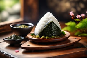 Imagine a chibi kawaii onigiri art like (Jean Baptiste Monge) (shimmering rice onigiri with triangular shape and nori seaweed sheet:1.4), its smooth surface, its huge cute eyes perked up in curiosity at it is placed on crafted wooden tray with sakura leaves and a steaming hot japanese cup of green tea (autumn feel, japanes tea ceremony), (photo HDR 8K) ,painting magic,  (splendid environment of tensor art),  perfect contrast,  (correct sharp photorealistic environment),  (highly detailed background),  detailed,  (masterpiece,  best quality:1.3) chuppy_fat:2,  looking viewer,  (Ultrasharp,  8k,  detailed,  ink art,  stunning,  vray tracing,  style raw,  unreal engine),  High detailed , Color magic,  Saturated colors,