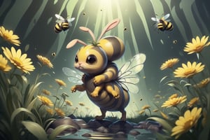 A unique flying creature, part bee (yellow black stripes:1.4) and part bunny (bunny eas and bee transparent chitin wings:1.4), takes flight above a Tim Burton-esque landscape filled with fantastical dandelions, (photo HDR 8K) ,painting magic,  (splendid environment of tensor art),  perfect contrast,  (correct sharp photorealistic environment),  (highly detailed bacgroung),  detailed,  (masterpiece,  best quality:1.3) Animal,  chuppy_fat:2,  looking viewer,  (Ultrasharp,  8k,  detailed,  ink art,  stunning,  vray tracing,  style raw,  unreal engine),  High detailed , Color magic,  Saturated colors,  game icon
