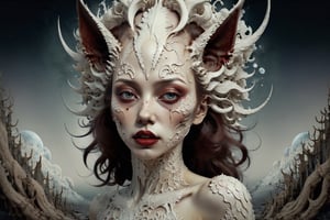 symmetrical portrait of surreal abandoned sculpture of white inuit adlet a Vampiric dog-human hybrid as female queen with a splashing coloration of Alberto Seveso,  covered with white tentacles white flesh white meat on white exoplanet, soft bloom, dream - like heavy mysterious atmosphere, in the wastelands,  baroque landscape, perfect composition, beautiful detailed intricate insanely detailed octane, unreal engine 5, 8k artistic photography, photo realistic, soft natural volumetric cinematic perfect light, chiaroscuro, award - winning photography,  ((tsutomu nihei,  Bastien Lecouffe Deharme,  iris van herpen and wangechi Mutu)),  art forms of nature by ernst haeckel,  art nouveau,  symbolist,  Kinetic Art,  visionary,  gothic,  (((ancient mythical being:1.4))),  neo - gothic,  pre - raphaelite,  fractal lace,  intricate mythical botanical,  ai biodiversity,  surrealism,  hyper detailed ultra sharp octane render,  (Audrey Kawasaki, Anna Dittmann:1.4),  known for their captivating and atmospheric pieces. The overall effect of the image is ethereal,  as if the woman is enveloped in glowing stardust,  created expertly by artist W. Zelmer. The image is of exceptional quality,  showcasing the fine details and masterful blending of colors, red lips, a wry smile on her face, she is terrifying,FilmGirl, full_body, nsfw 