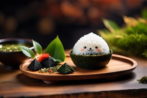 Imagine a chibi kawaii onigiri art like (Jean Baptiste Monge) (shimmering rice onigiri with triangular shape and nori seaweed sheet:1.4), its smooth surface, its huge cute eyes perked up in curiosity at it is placed on a crafted wooden tray with sakura leaves and a steaming hot japanese cup of green tea (autumn feel, japanese tea ceremony, cup of steaming hot Sencha green tea:1.4), ((artfully arranged with a colorful range of Wagashi and Wasanbon traditional japanese tea sweets)), (photo HDR 8K) ,painting magic,  (splendid environment of tensor art),  perfect contrast,  (correct sharp photorealistic environment),  (highly detailed background),  detailed,  (masterpiece,  best quality:1.3) chuppy_fat:2,  looking viewer,  (Ultrasharp,  8k,  detailed,  ink art,  stunning,  vray tracing,  style raw,  unreal engine),  High detailed , Color magic,  Saturated colors,