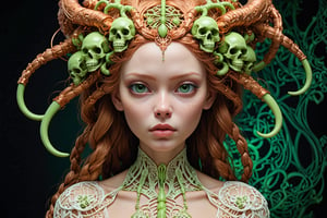 detailed realistic beautiful porcelain skull goddess portrait (braided hair color is neon green radioactive), (((skin color is copper))), by tsutomu nihei, peter gric, iris van herpen and wangechi Mutu, art forms of nature by ernst haeckel, art nouveau, ((Shrink heads as hair decor:1.3)), symbolist, Kinetic Art, visionary, gothic, (((MOTHRA))), neo - gothic, pre - raphaelite, fractal lace, intricate alien botanicals, ai biodiversity, surreality, hyperdetailed ultrasharp octane render, (Audrey Kawasaki, Anna Dittmann:1.4), known for their captivating and atmospheric pieces. The overall effect of the image is ethereal, as if the woman is enveloped in glowing stardust, created expertly by artist W. Zelmer. The image is of exceptional quality, showcasing the fine details and masterful blending of colors, ((crackling skin, Skulls)), ectoplasm, more skulls:1.4, 