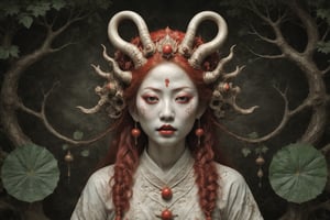 symmetrical portrait of surreal abandoned sculpture of white japanese female stunning sensual Tengu (with a splashing coloration of Alberto Seveso and Basil Gogos), ((Wild crazy long fire red hair)), dream - like heavy mysterious atmosphere,in an abandoned japanese overgrown shrine, perfect composition,beautiful detailed intricate insanely detailed octane,unreal engine 5,8k artistic photography,photo realistic,soft natural volumetric cinematic perfect light,chiaroscuro,award - winning photography, (((tsutomu nihei, Bastien Lecouffe Deharme,  iris van herpen and Ayami Kojima))), art forms of nature by ernst haeckel,  art nouveau,  symbolist,  Kinetic Art,  visionary,  gothic,  (((ancient japanese mythical being, Tengu with horns:1.4))),  neo - gothic,  pre - raphaelite,  fractal lace, intricate mythical botanical,  ai biodiversity,  surrealism,  hyper detailed ultra sharp octane render,  (Audrey Kawasaki,  Anna Dittmann:1.4),  known for their captivating and atmospheric pieces. The overall effect of the image is ethereal,  as if the woman is enveloped in glowing stardust created expertly by artist W. Zelmer. The image is of exceptional quality,  showcasing the fine details and masterful blending of colors, folklore, ,on parchment, Chinese Ghost Story, 