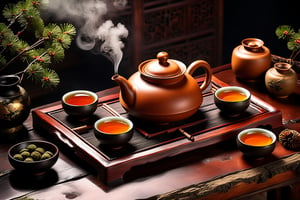 Imagine a traditional chinese tea ceremony with a yellow yixing teapot, small cups, cha hai art like (Jean Baptiste Monge) (shimmering steaming tea ceremony, wooden trays, old rustic dark wooden table:1.4), its smooth surface placed on a stone table covered in snow with pine cones, mistletoe, Fir branches, Pine branchescute snail teapet, (winter feel, teapets, chinese tea ceremony, clay yixing teapot, chinese clay cups of steaming hot pu-erh tea:1.4), ((artfully arranged with a colorful range of traditional chinese sweets)), ((Chinese moon cake and Pu-erh cakes in the Background:1.4)), (photo HDR 8K) ,painting magic,  (splendid environment of tensor art),  perfect contrast,  (correct sharp photorealistic environment),  (highly detailed background),  detailed,  (masterpiece,  best quality:1.3) chuppy_fat:2,  looking viewer,  (Ultrasharp,  8k,  detailed,  ink art,  stunning,  vray tracing,  style raw,  unreal engine),  High detailed , Color magic,  Saturated colors,